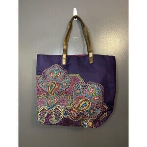 Paisley Tote Bag Womens Large Purple Multi Shoulder Metallic Gold Handles